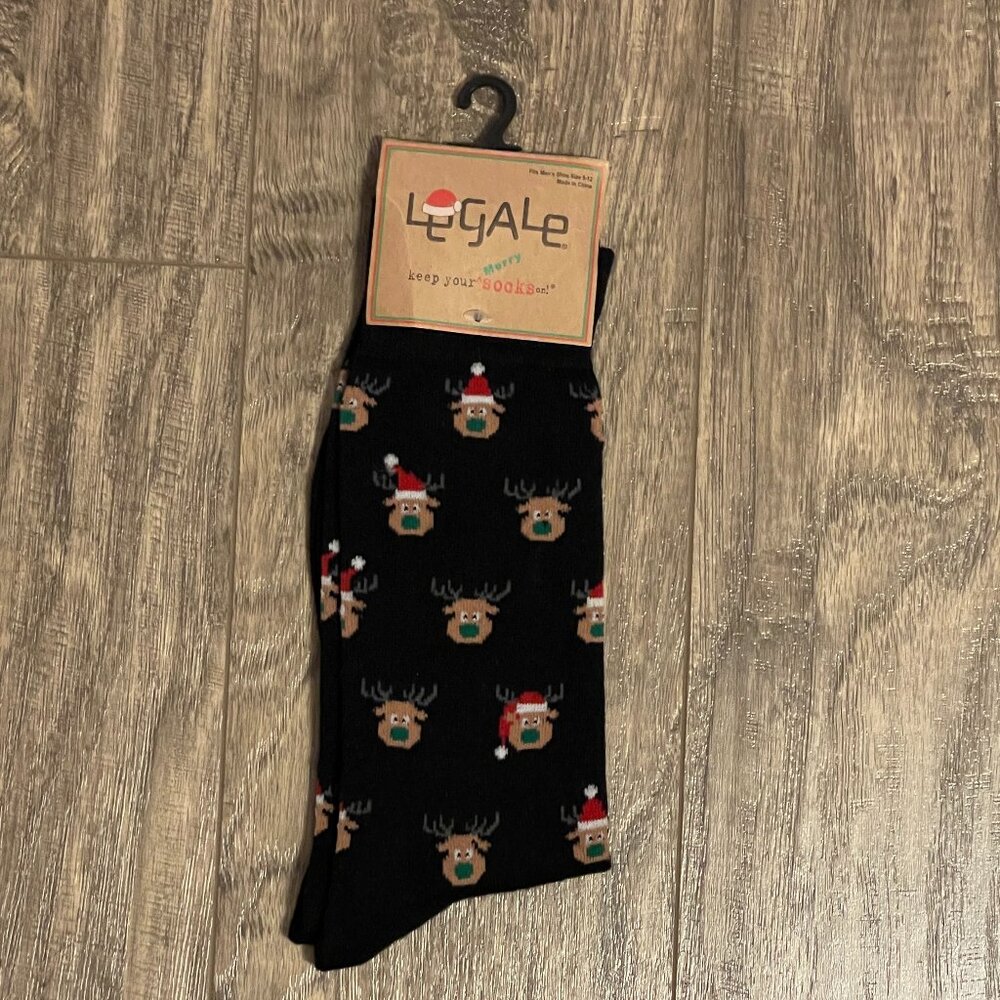 New Men's Legale Socks Christmas Theme Moose Santa Hat Black